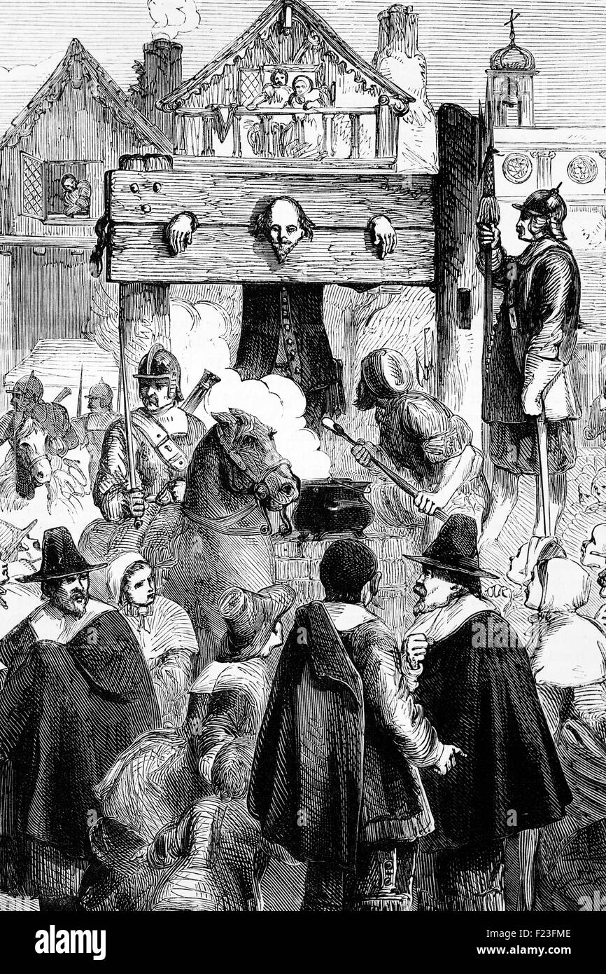 William Prynne, a puritan lawyer in the pillory.  In 1634, he was fined and had the top of his ears cut off for a pamphlet against stage plays entitled 'Histriomastix'. Prynne said that actresses were simply prostitutes - a tactless remark given that the wife of Charles I, Queen Henrietta Maria was acting in a masque at the time. Stock Photo
