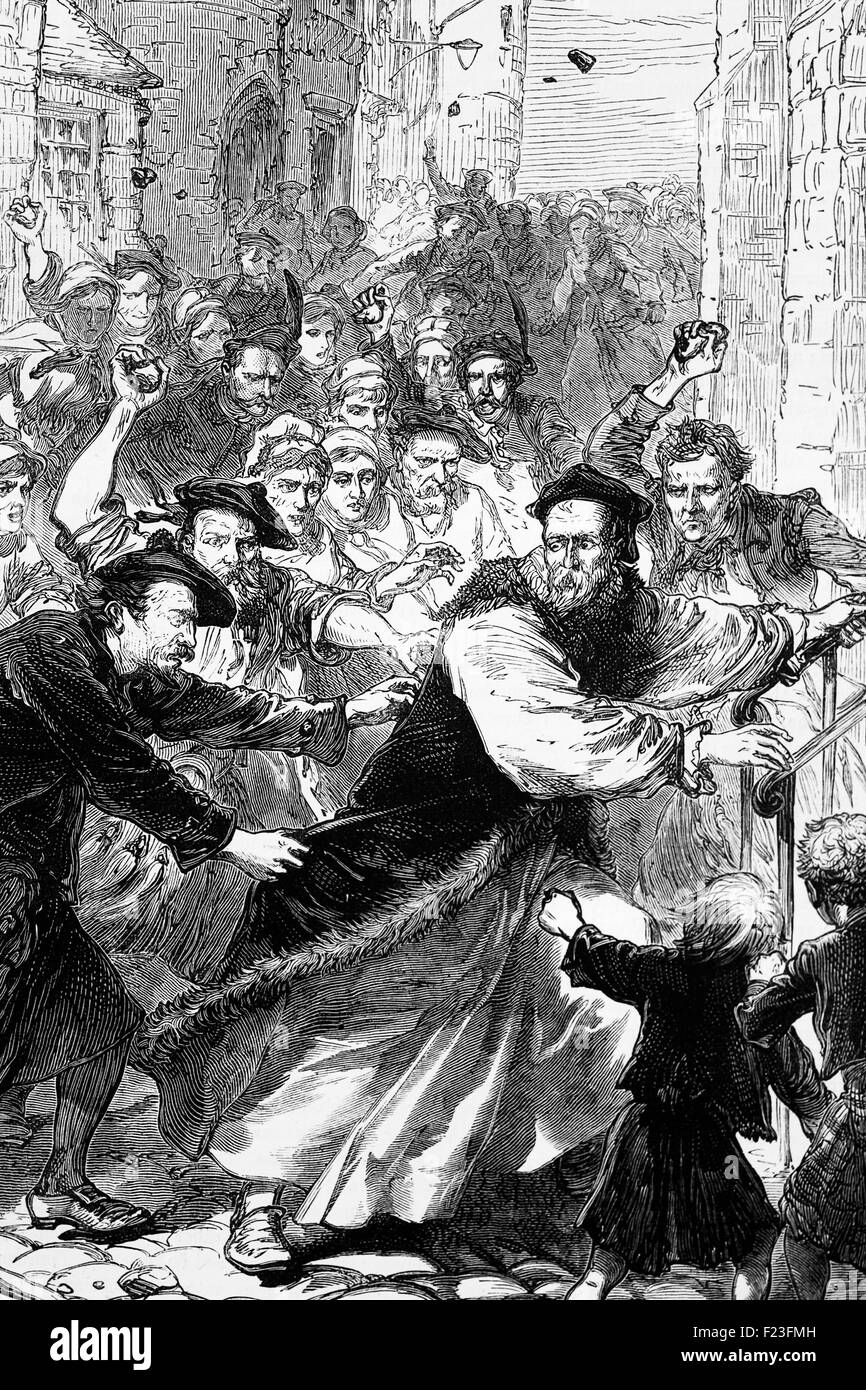 In 1640, one Jenny Geddes, a Scottish market-trader in Edinburgh, threw her stool at the head of the minister in St Giles' Cathedral in objection to the first public use of the Anglican Book of Common Prayer in Scotland. It sparked riots during which the mob chased members of the clergy, even  bishops. Stock Photo
