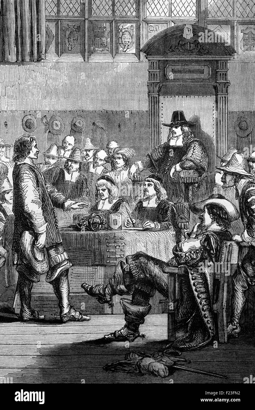 Cromwell proposing the Self-Denying Ordinance, a bill moved on 9 December 1644 to deprive members of the Parliament of England from holding command in the army or the navy during the English Civil War. Stock Photo