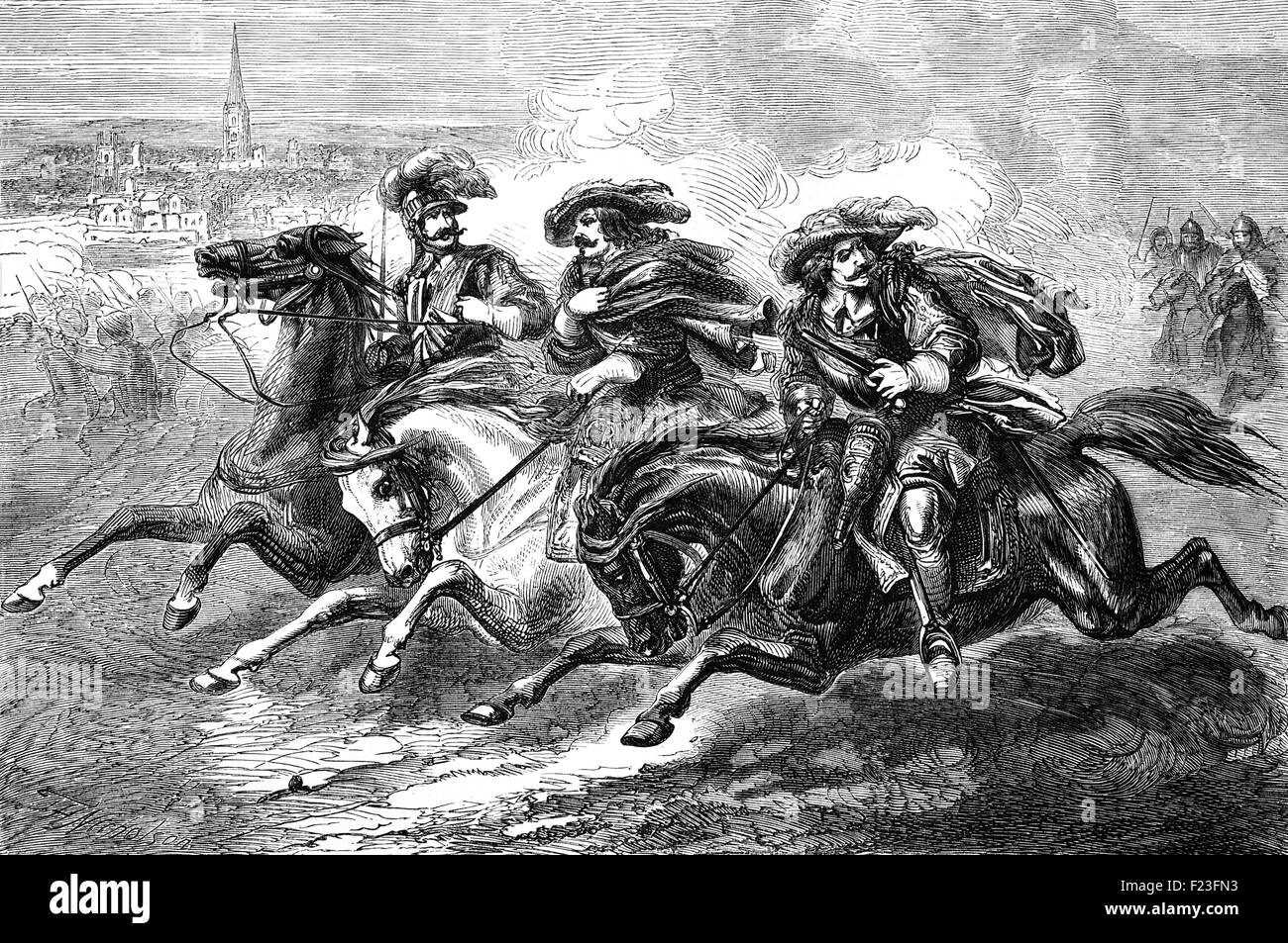 Cavaliers fleeing from the Battle of Naseby, the key battle of the first English Civil War. On 14 June 1645, the main royalist army of King Charles I was destroyed by the Parliamentarian New Model Army commanded by Sir Thomas Fairfax and Oliver Cromwell. Stock Photo