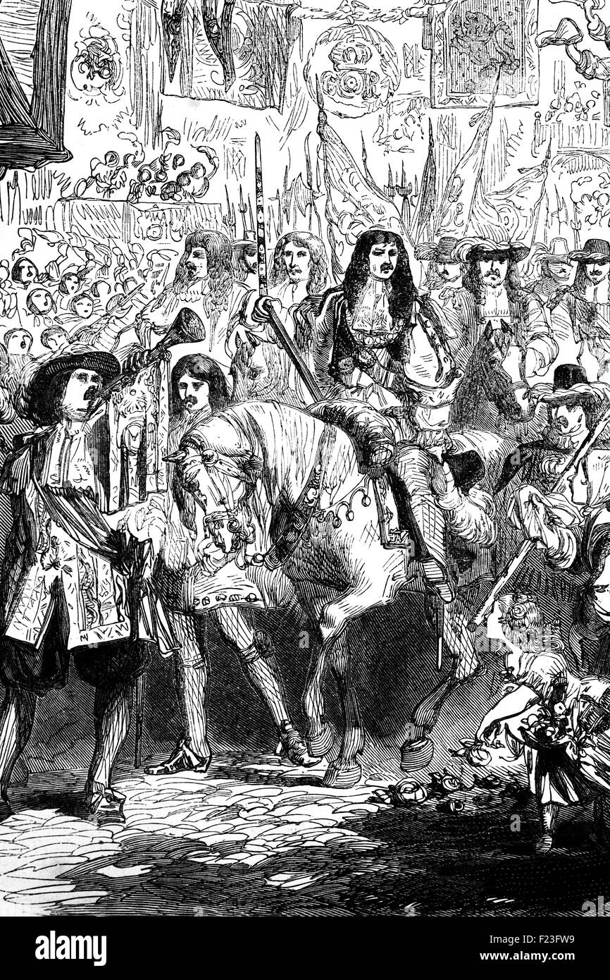 King Charles II entering London on 29 May, his 30th birthday, during his restoration to the throne. Stock Photo