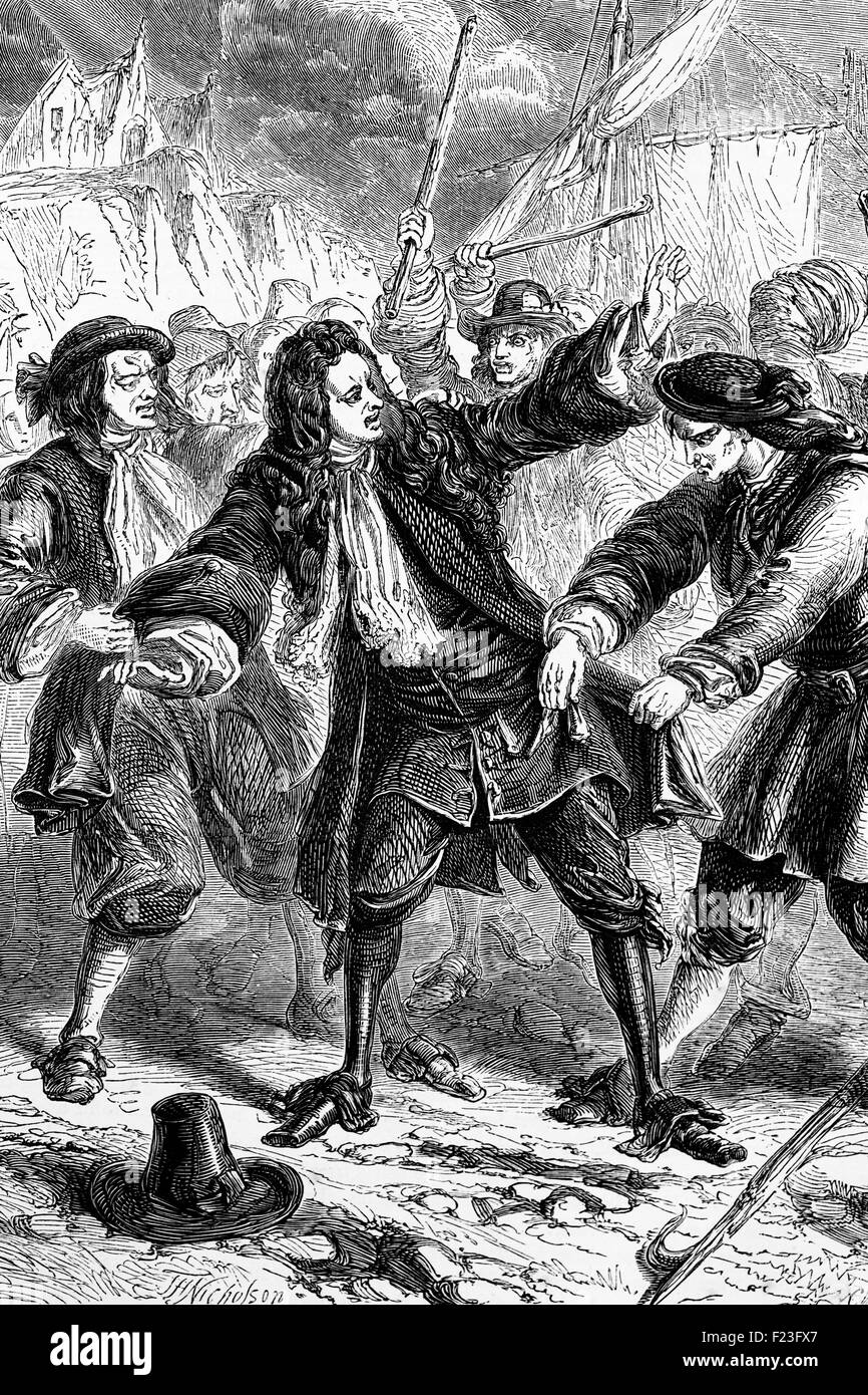 The fugitive King James II, mobbed by local fishermen on the Isle of Sheppey. They thought he was a hated local Jesuit priest,  took his money, watch and coronation ring, and when recognised was detained. Stock Photo