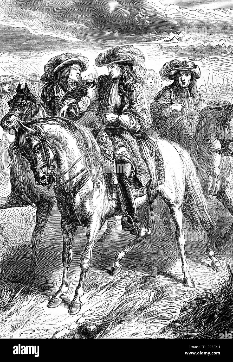 William III had a narrow escape when he was wounded in the shoulder by Jacobite artillery while surveying the fords over which his troops would cross the Boyne during the Battle of the Boyne that took place on 11 July 1690. Stock Photo