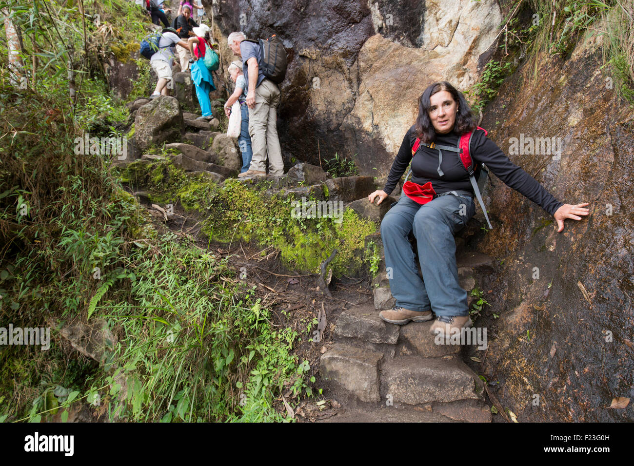Peru, Urubamba Province, Woman hiking down dangerously steep and wet stairs on trail up Huayna Picchu near Machu Picchu ruins Stock Photo