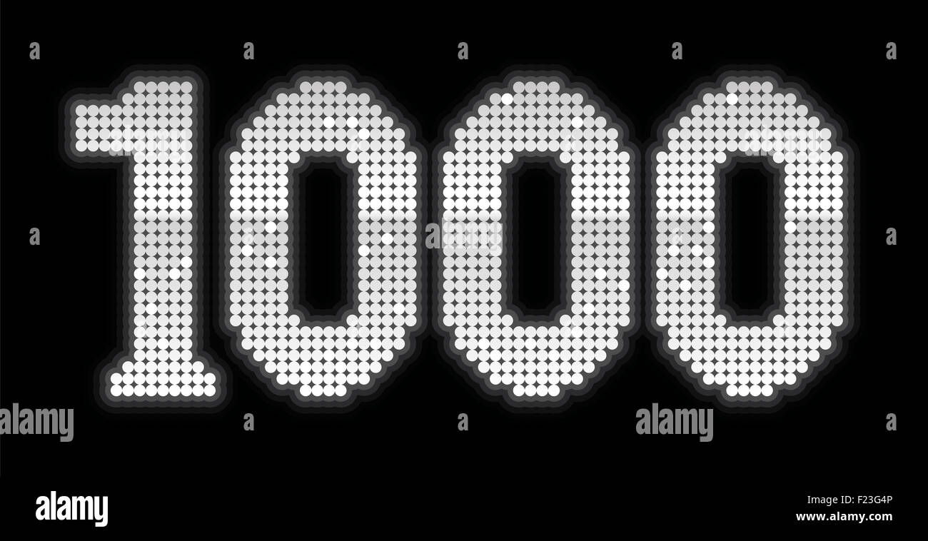 1000, formed to a jubilee number by exactly one thousand shiny silver platelets -  illustration on black background. Stock Photo