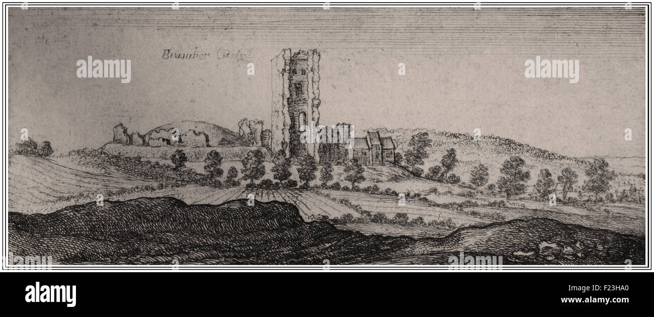 Historical print of Bramber Castle, West Sussex, England. Bramber Castle is a Norman motte-and-bailey castle Stock Photo