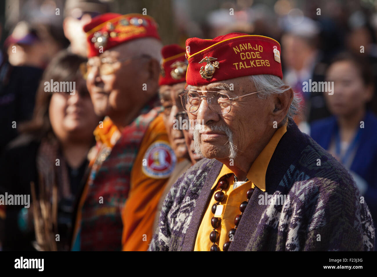 A group of Navajo code talker veterans watch the opening ceremony for the 93rd New York City Veterans Day Parade Movember 11, 2012 in New York City. Stock Photo