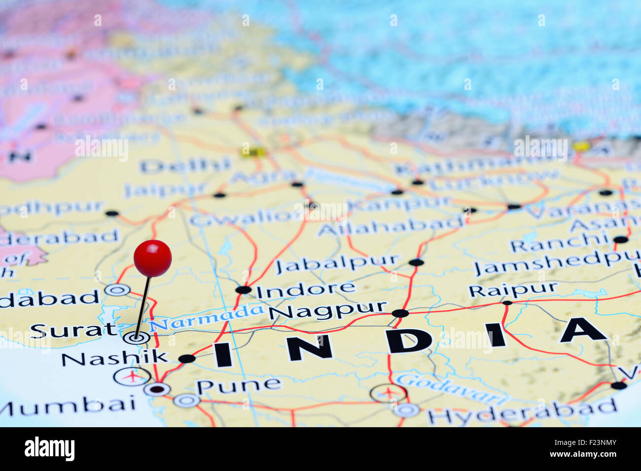 Surat pinned on a map of Asia Stock Photo