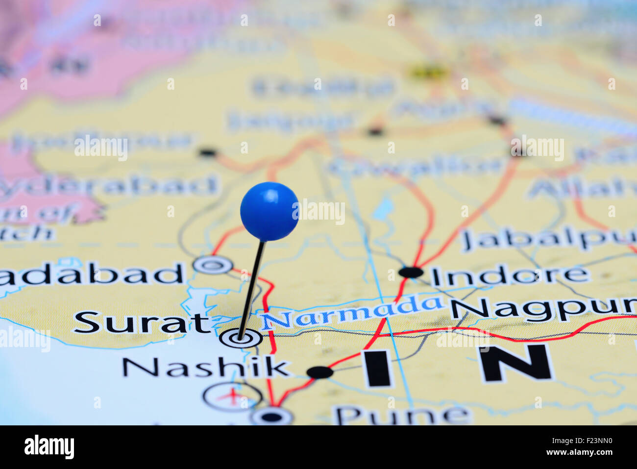 Surat pinned on a map of Asia Stock Photo