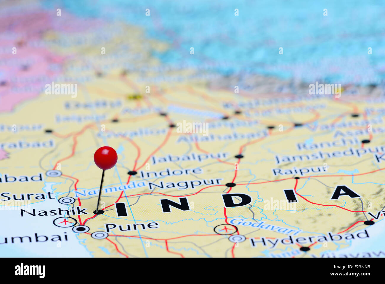 Nashik pinned on a map of Asia Stock Photo