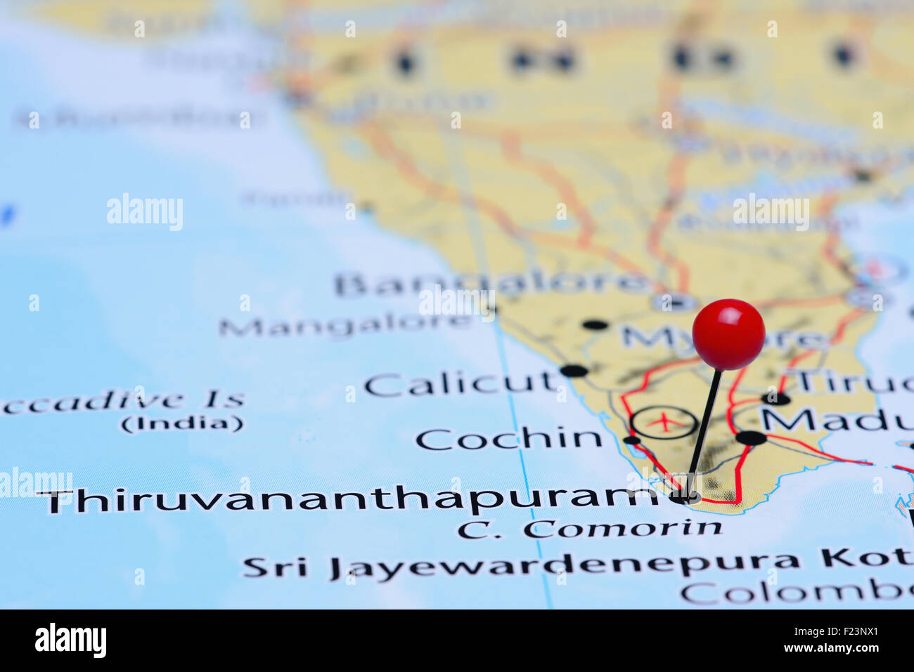 Thiruvananthapuram pinned on a map of Asia Stock Photo