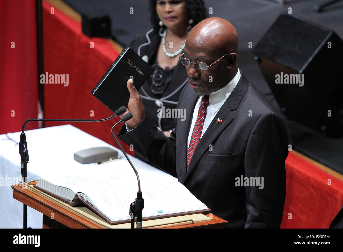 Port of Spain, Trinidad & Tobago. 9th September, 2015. Keith Christopher Rowley takes the oath off office as the new Prime Minister of Trinidad & Tobago at Queen's Hall in Port of Spain, Trinidad on September 9, 2015.  (Photo by Sean Drakes/Alamy Live News) Credit:  SEAN DRAKES/Alamy Live News Stock Photo
