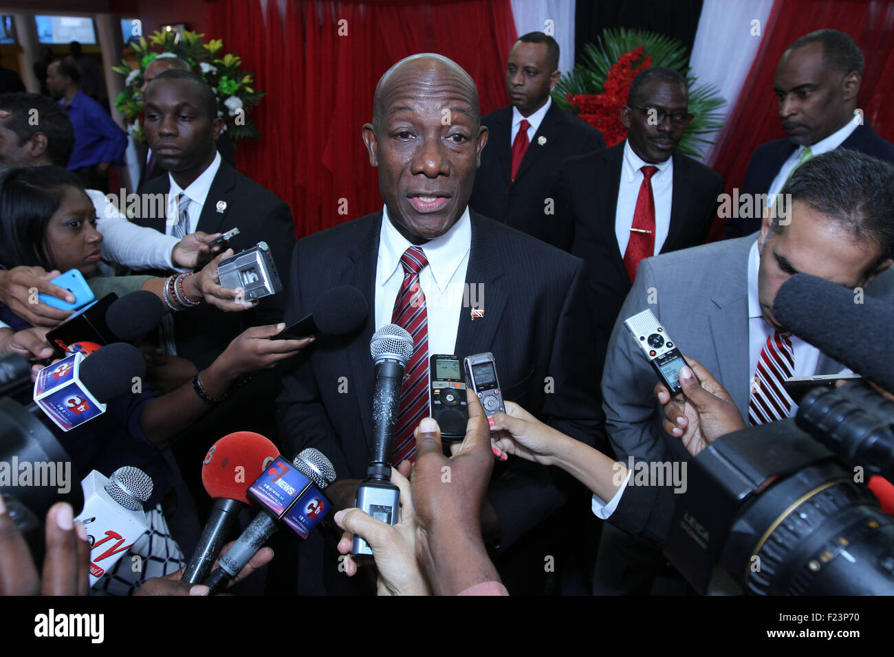 Port of Spain, Trinidad & Tobago. 9th September, 2015. Keith Christopher Rowley (C), Prime Minister of Trinidad & Tobago, speaks to journalists at his swearing-in ceremony at Queen's Hall in Port of Spain, Trinidad on September 9, 2015.  (Photo by Sean Drakes/Alamy Live News) Credit:  SEAN DRAKES/Alamy Live News Stock Photo