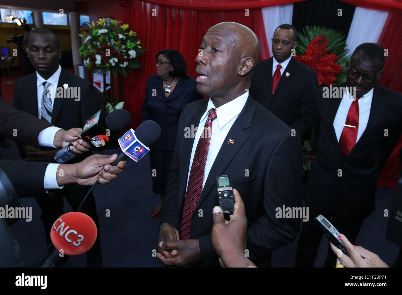 Port of Spain, Trinidad & Tobago. 9th September, 2015. Keith Christopher Rowley, Prime Minister of Trinidad & Tobago, speaks to journalists at his swearing-in ceremony at Queen's Hall in Port of Spain, Trinidad on September 9, 2015.  (Photo by Sean Drakes/Alamy Live News) Credit:  SEAN DRAKES/Alamy Live News Stock Photo