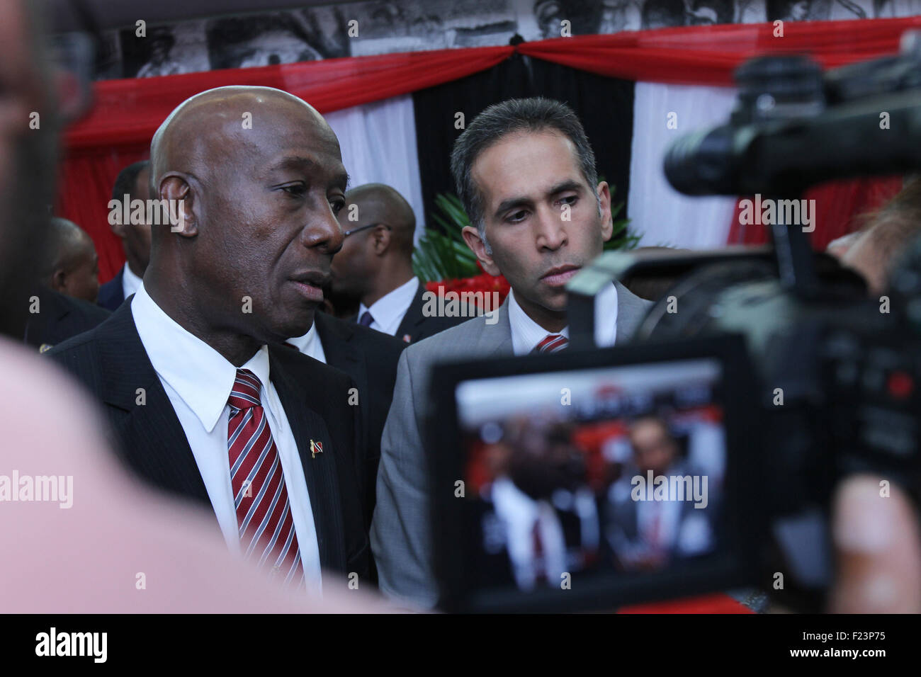 Port of Spain, Trinidad & Tobago. 9th September, 2015. Keith Christopher Rowley (L), Prime Minister of Trinidad & Tobago, and newly-appointed Attorney General Faris Al-Rawi speak to journalists at their swearing-in ceremony at Queen's Hall in Port of Spain, Trinidad on September 9, 2015.  (Photo by Sean Drakes/LatinContent/Getty Images) Credit:  SEAN DRAKES/Alamy Live News Stock Photo
