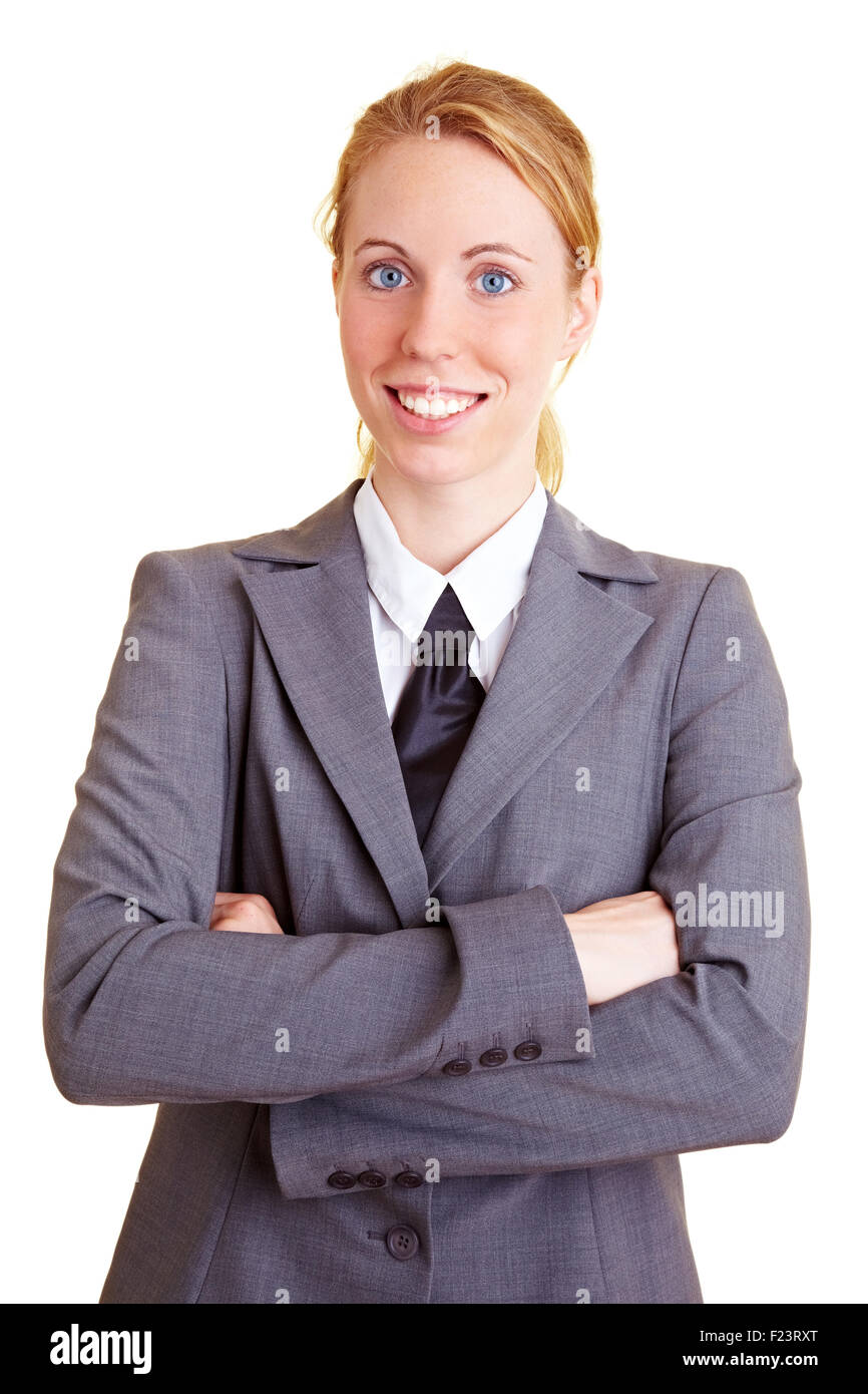 Blond business woman in a suit with a tie Stock Photo - Alamy