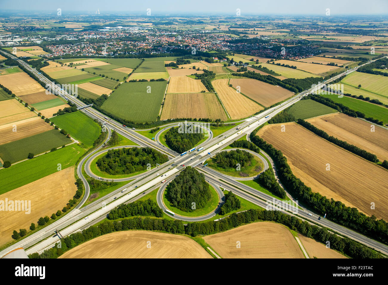 Motorway intersection, A44 and A445, cloverleaf junction, at Werl, North Rhine-Westphalia, Germany Stock Photo
