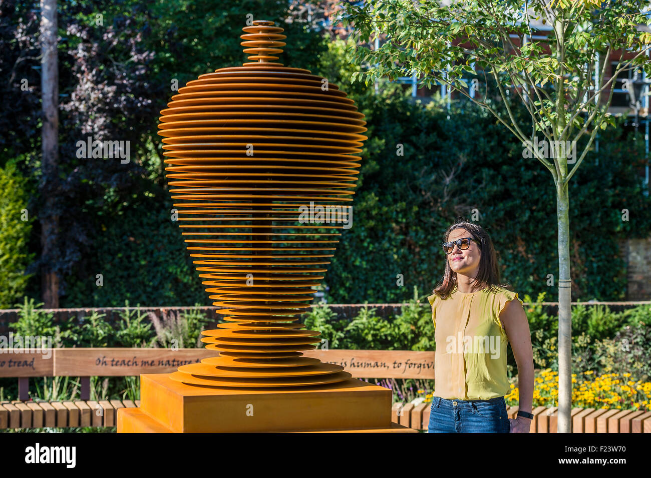 Twickenham, London, UK. 10th September, 2015. The new Pope’s Urn is based on a long-lost original and has been designed by award-winning architects Feilden Clegg Bradley Studios to celebrate Alexander Pope (1688-1744) one of England’s greatest poets, and Twickenham’s most famous resident. Standing just over eight-foot high, this stylish contemporary sculpture mirrors the shape of the original urn, and is a reminder of the poet’s great contributions to garden and landscape design. Credit:  Guy Bell/Alamy Live News Stock Photo