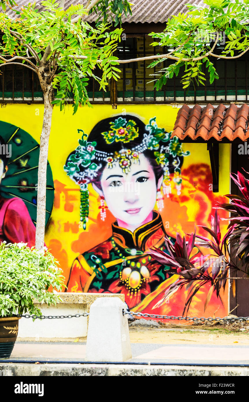 Brightly painted house front, district Kampung Bakar Batu, Malacca or Melaka, Malaysia Stock Photo