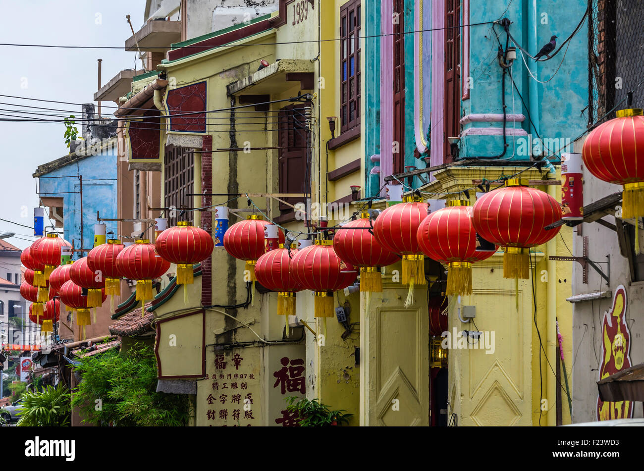 Häuserfront with red lanterns in the Chinatown district of Kampung Bakar Batu, Malacca or Melaka, Malaysia Stock Photo