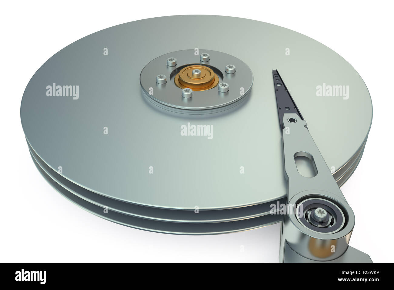 HDD, Hard Disk Drive view inside  isolated on white background Stock Photo