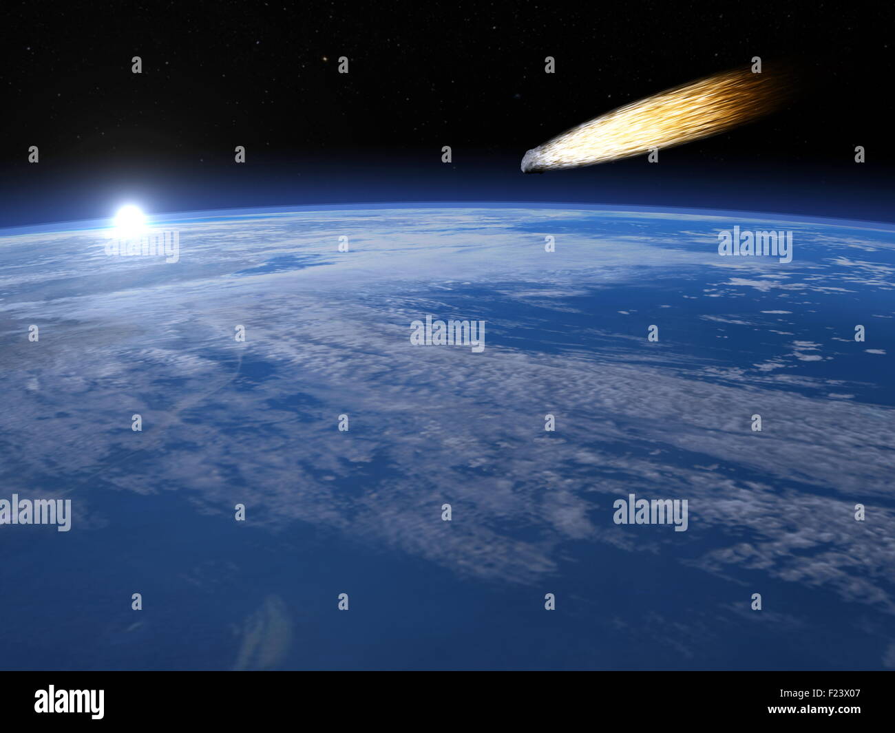 Meteor glowing as it enters the earth's atmosphere, sunrise time, elements of this image