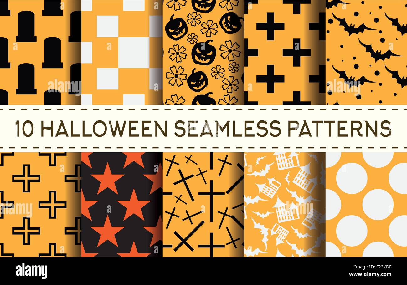 Set of 10 halloween seamless patterns. Vector illustration. Stock Vector