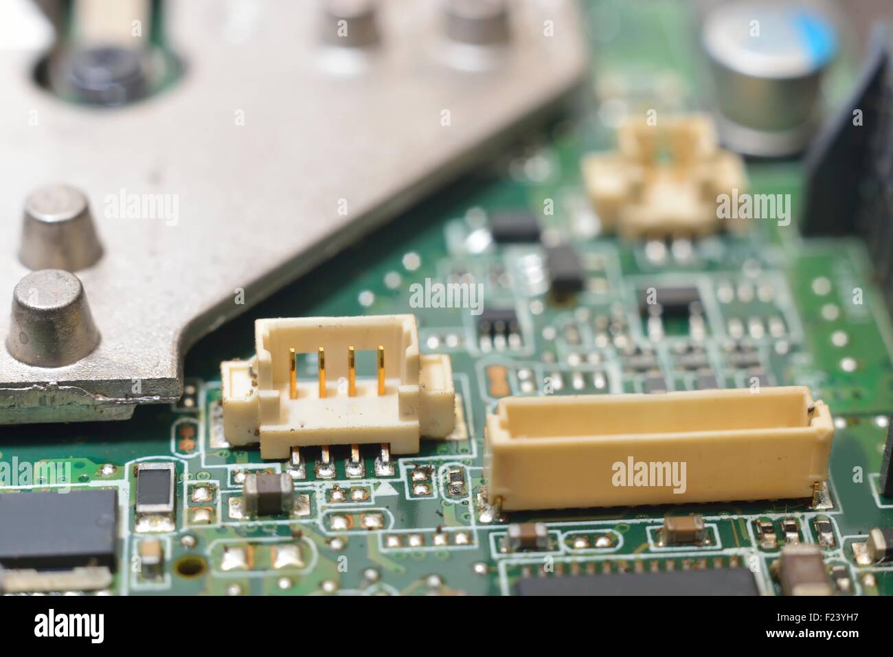 slots on matherboard (microcircuit) with microchip and radiators Stock Photo