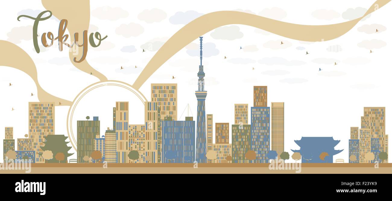 Tokyo skyline with skyscrapers and sun Vector illustration Stock Vector