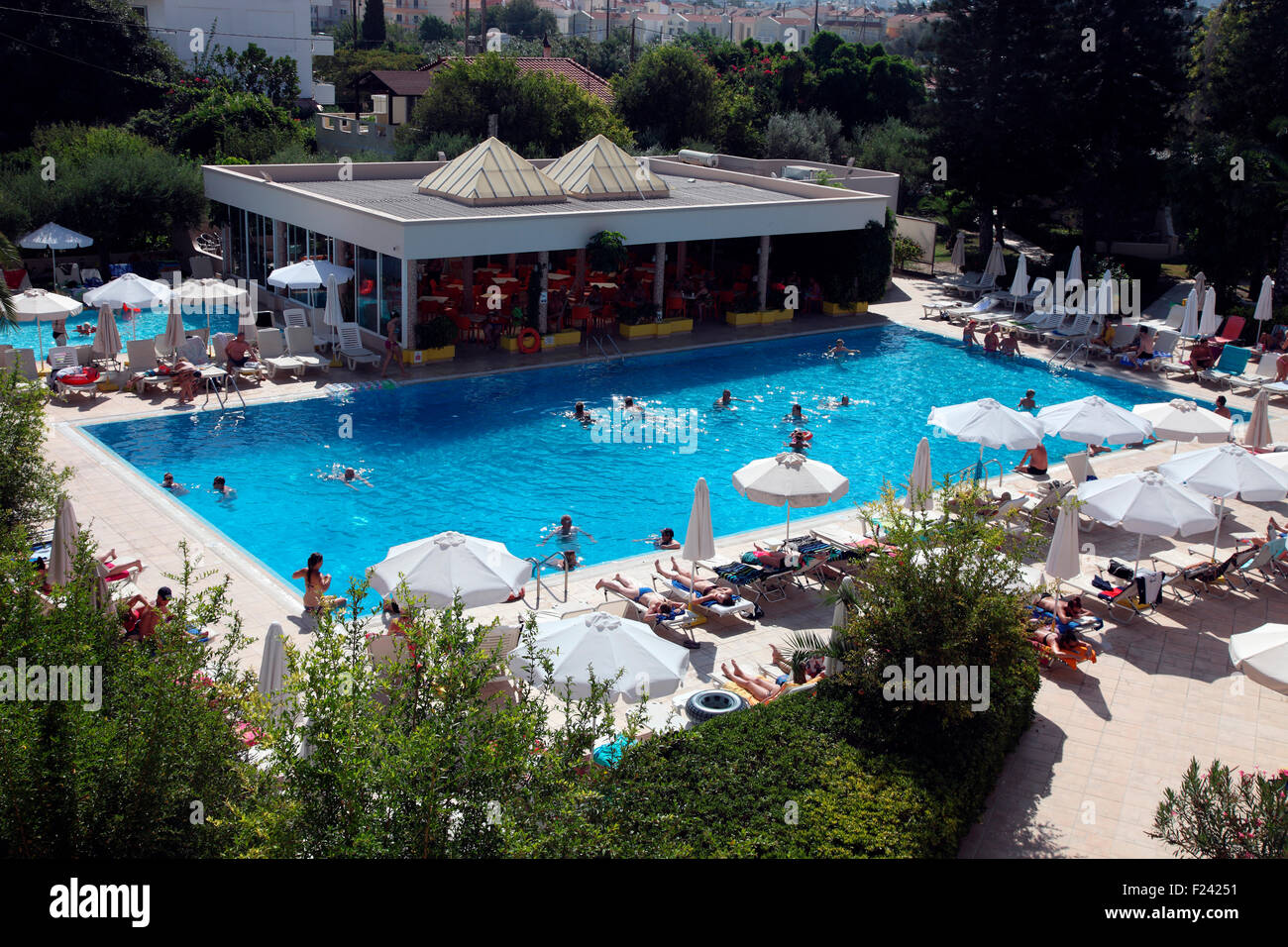 The Swimming pool of Hotel Ialyssos Bay Rhodes Stock Photo