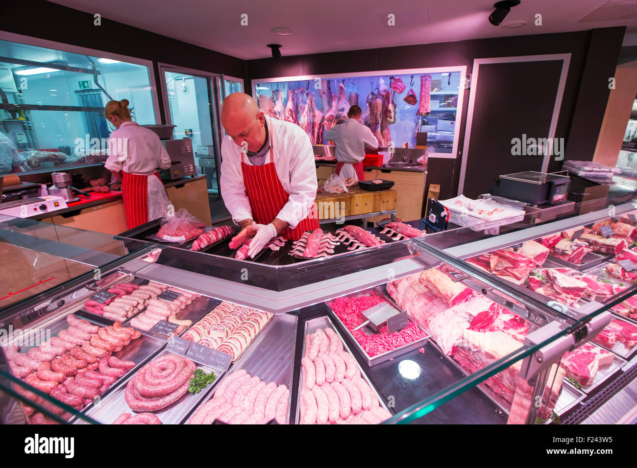 The butchers counter in the farm shop at the new Gloucester Service