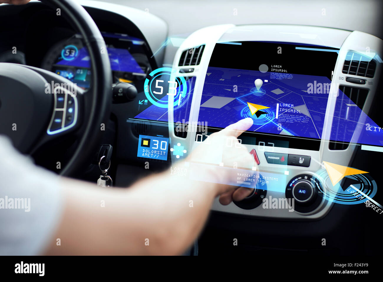 male hand using navigation system on car dashboard Stock Photo Alamy