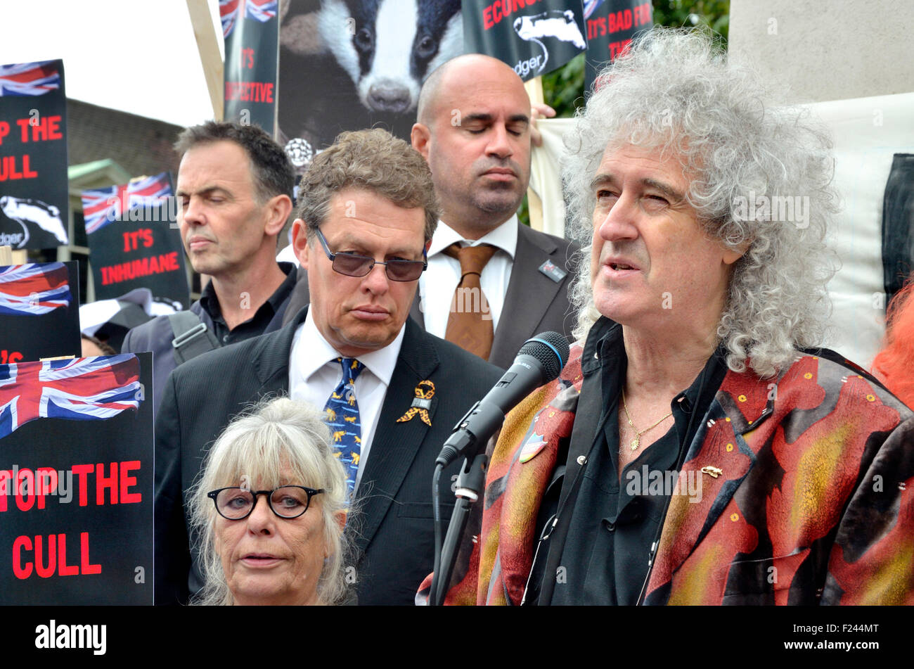 Brian May, former Queen guitarist, speaking at the Protest Against the Failing Badger Cull Policy, Westminster, 8th Sept 2015 Stock Photo