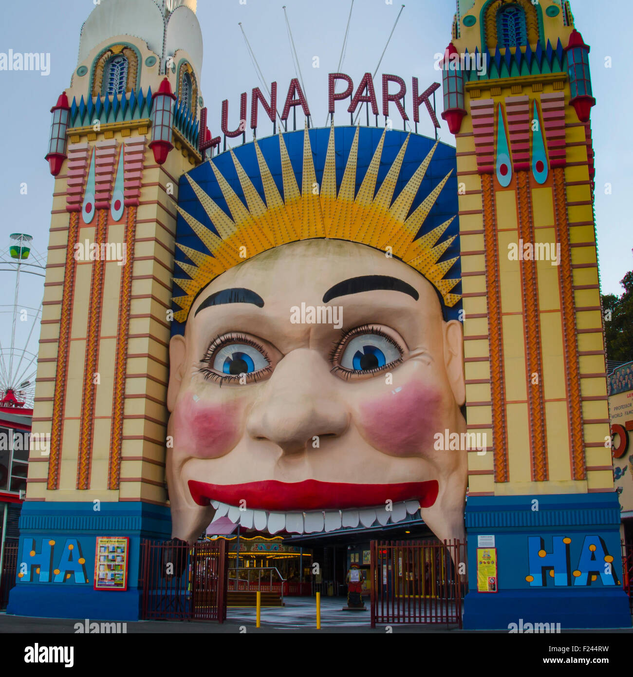 The iconic smiling face entrance to Sydney's Luna Park amusement park on the shores of Sydney Harbour near Milsons Point in Australia Stock Photo