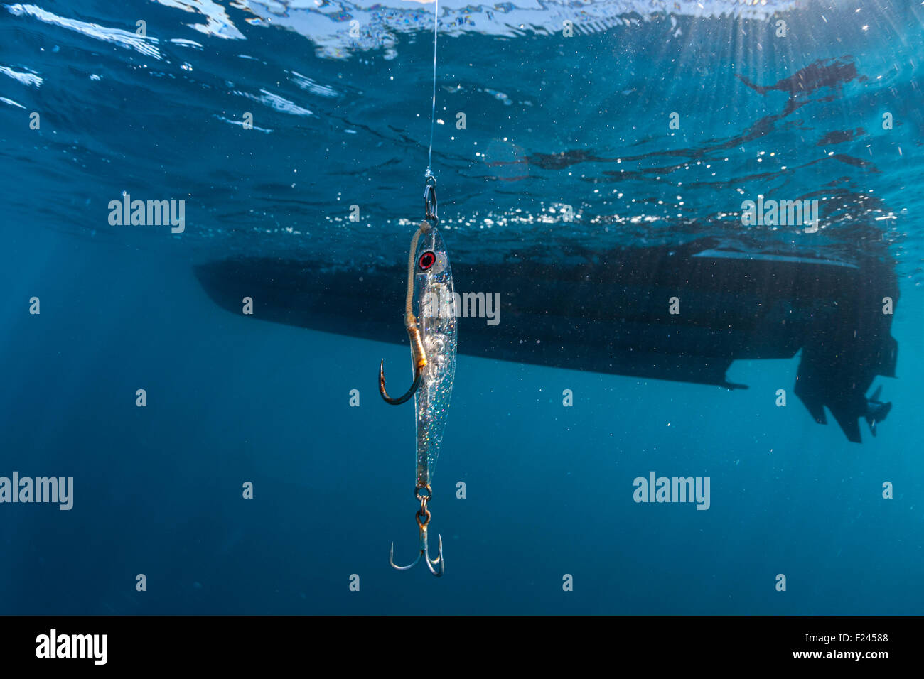 A Stickbait lure for tuna fishing ( under water view ).  Leurre de surface Stick bait pour la pêche au thon. Stock Photo