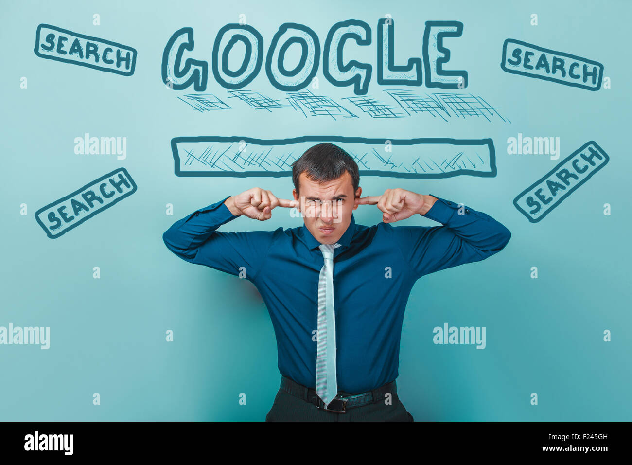 man covered his ears will not hear in the Google search infograp Stock Photo