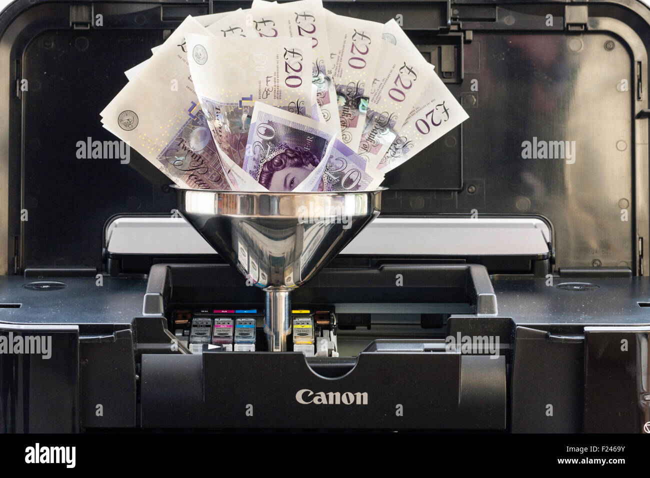 Inkjet printer with ink cartridge replaced by metal funnel and £20