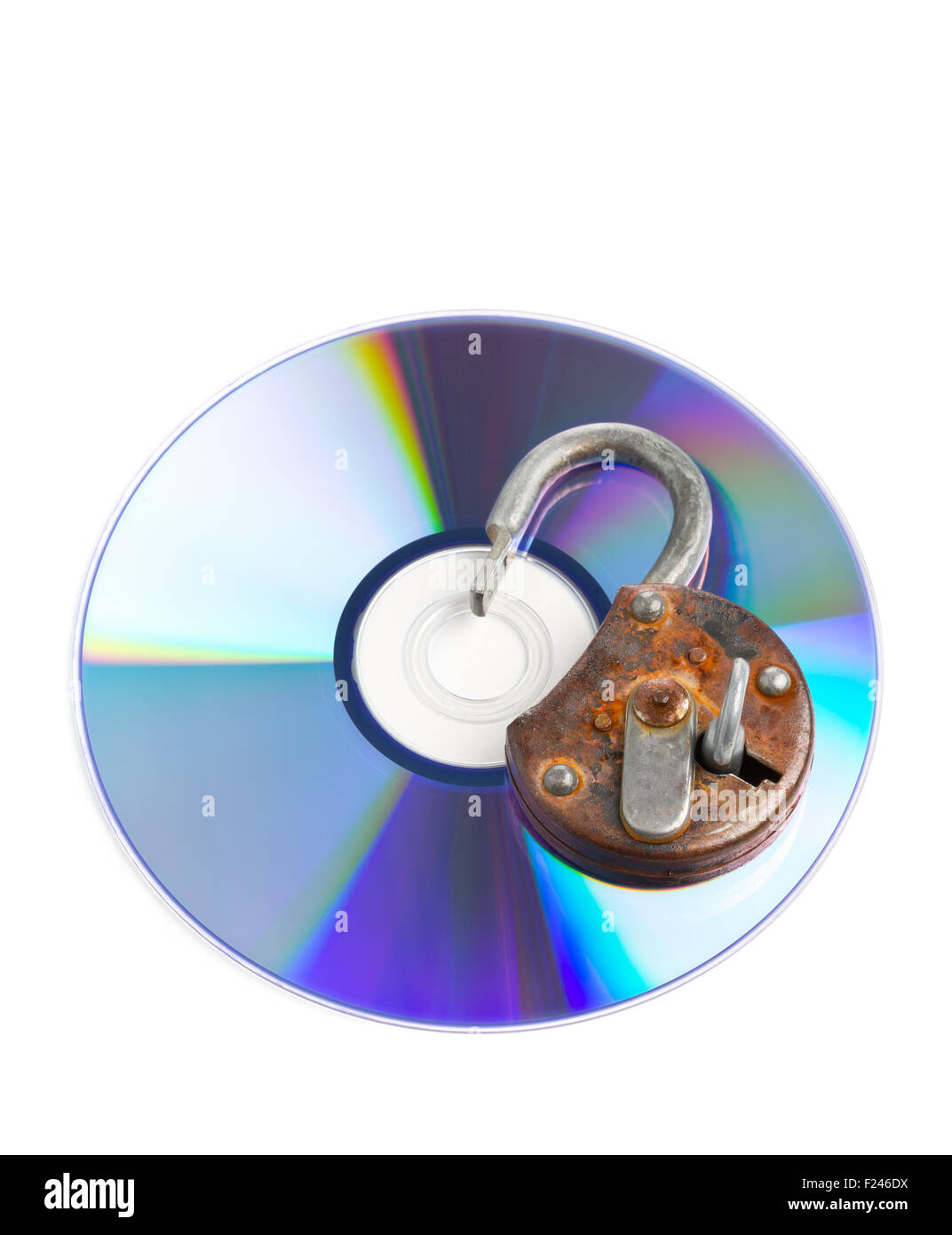Old rusty open padlock on data disc isolated on white background ...