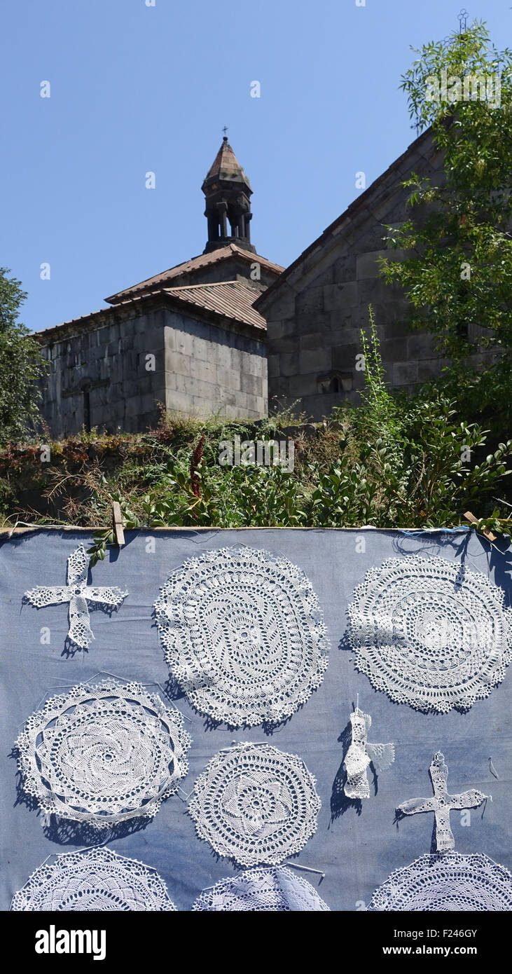 Lace display outside Haghpat Monastery, Alaverdi, Lori Province, Armenia, Central Asia Stock Photo