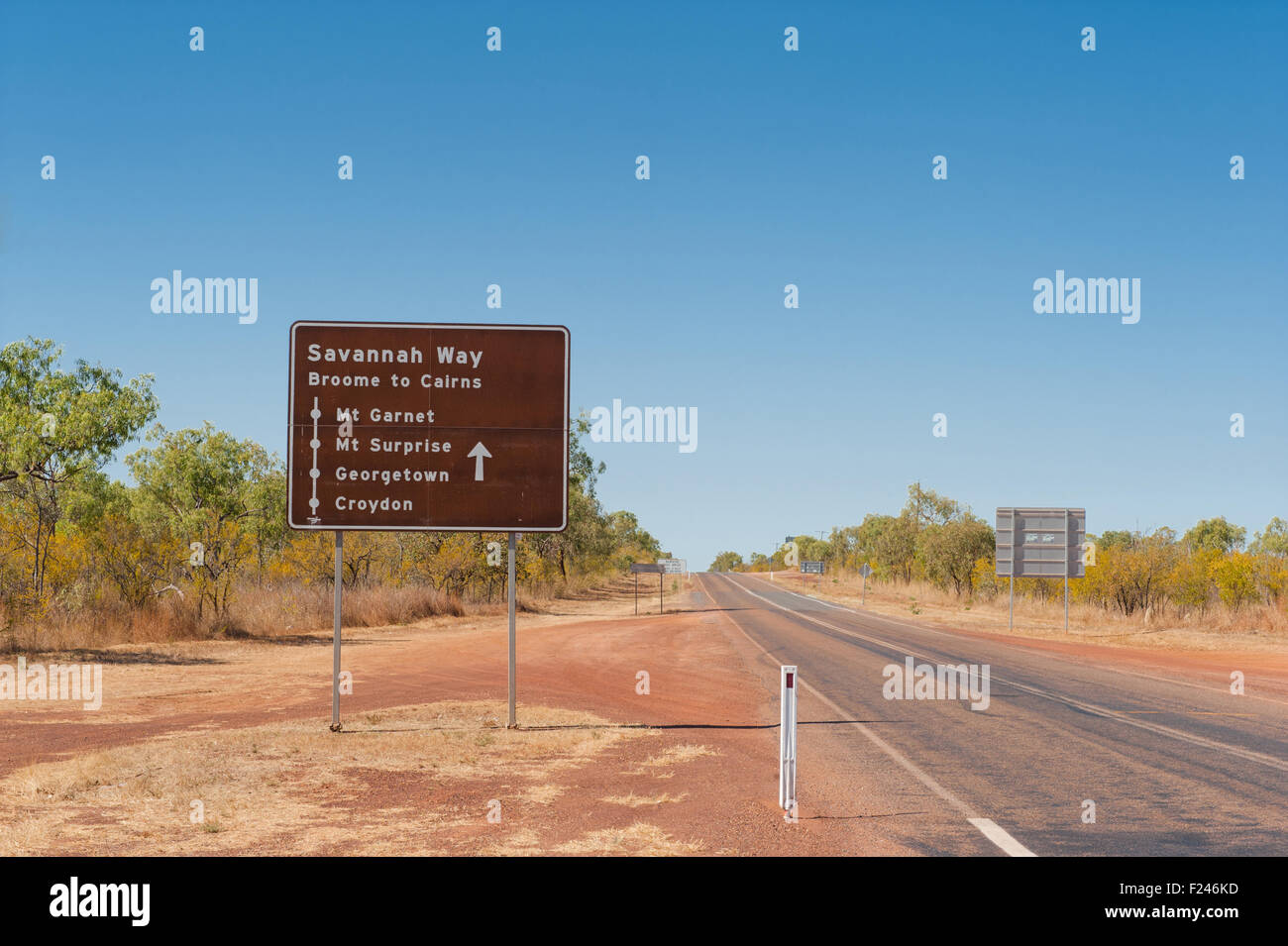 Road sign of the Savannah Way near Normanton, Gulf Savannah country, Outback Queensland, Australia Stock Photo