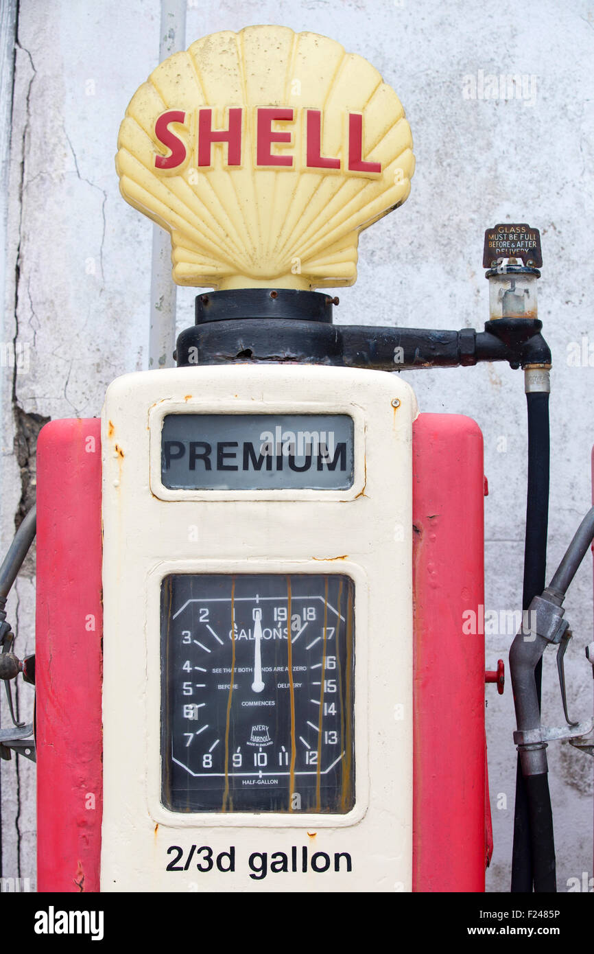 Old petrol pumps in St Mawes, Cornwall, UK. Stock Photo