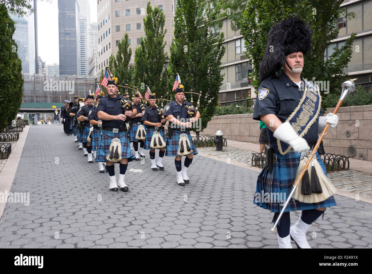The Port Authority Police band in Battery Park City playing at a ceremony honoring the 23 members of the NYPD who died on 9/11. Stock Photo
