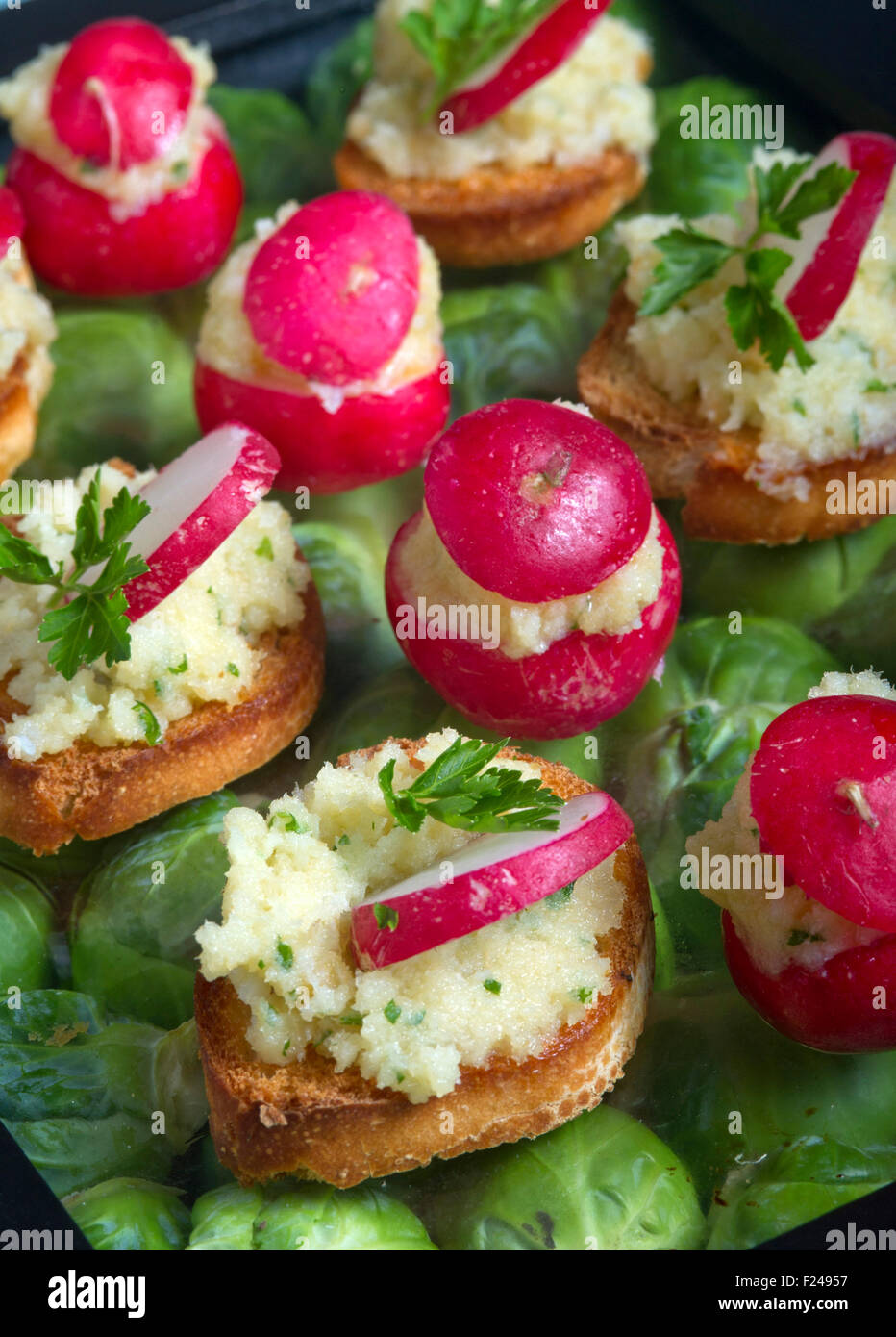 Canapes, small finger food suitable for parties. Stock Photo