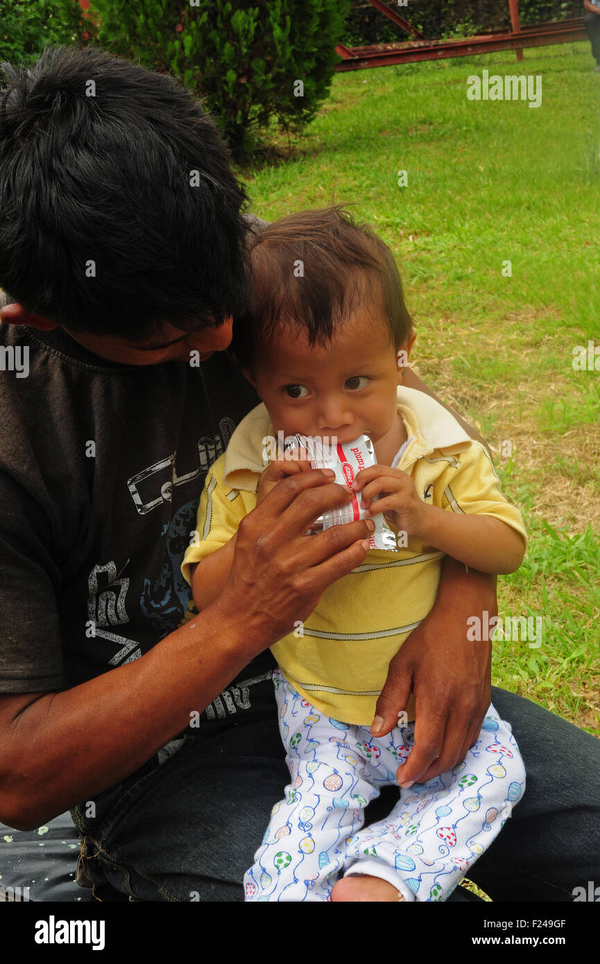 Guatemala, San Cristobal, child sitting on knee of father and eating plumpy nut (Cristobal Pop Calel 23, Erma Cecilia Tul Cal 17, Jose Antonio Cal Chen 1 year 8 months) Stock Photo