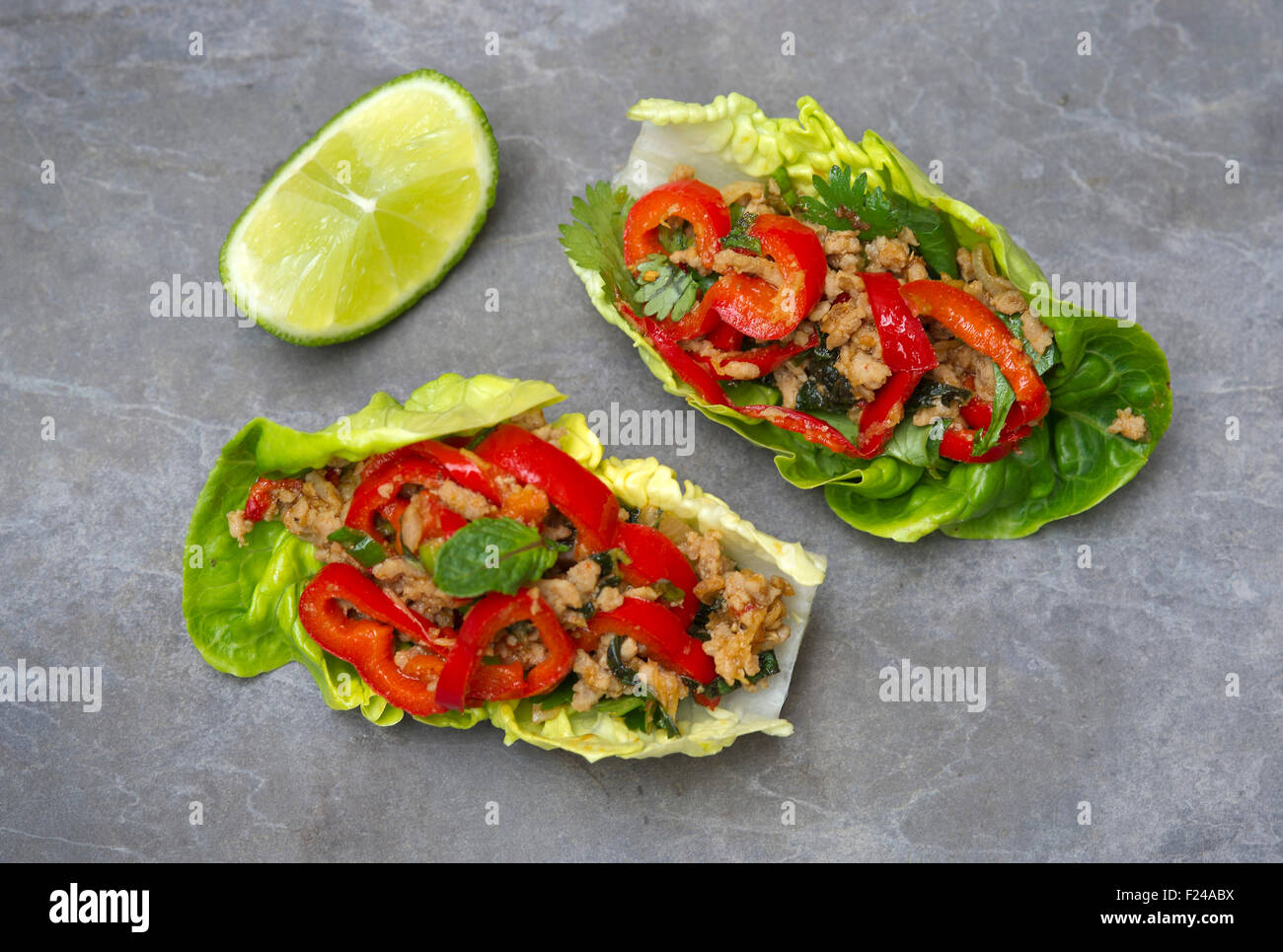Paleo diet food, spicey lettuce wraps, supposedly based on 'cave man' Palaeolithic foods for health. a UK Stock Photo