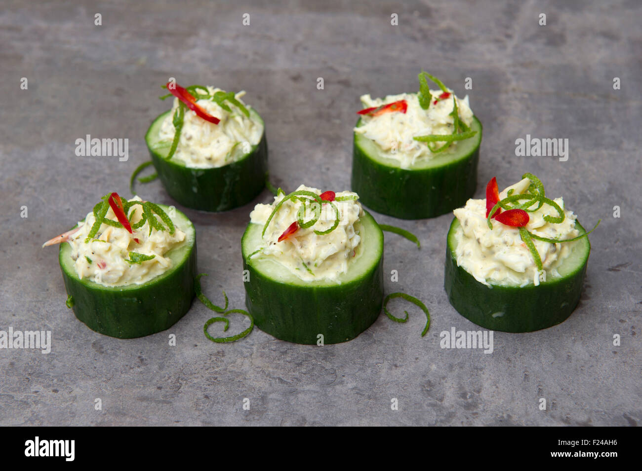 Paleo diet food, crab and cucumber cups, supposedly based on 'cave man' Palaeolithic foods for health. a UK Stock Photo