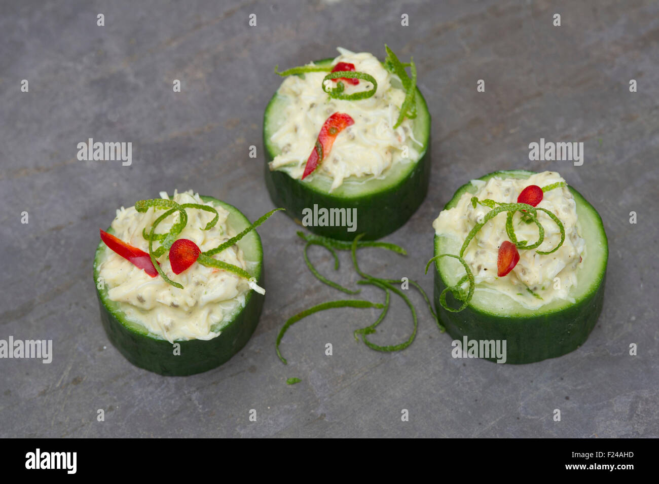 Paleo diet food, crab and cucumber cups, supposedly based on 'cave man' Palaeolithic foods for health. a UK Stock Photo