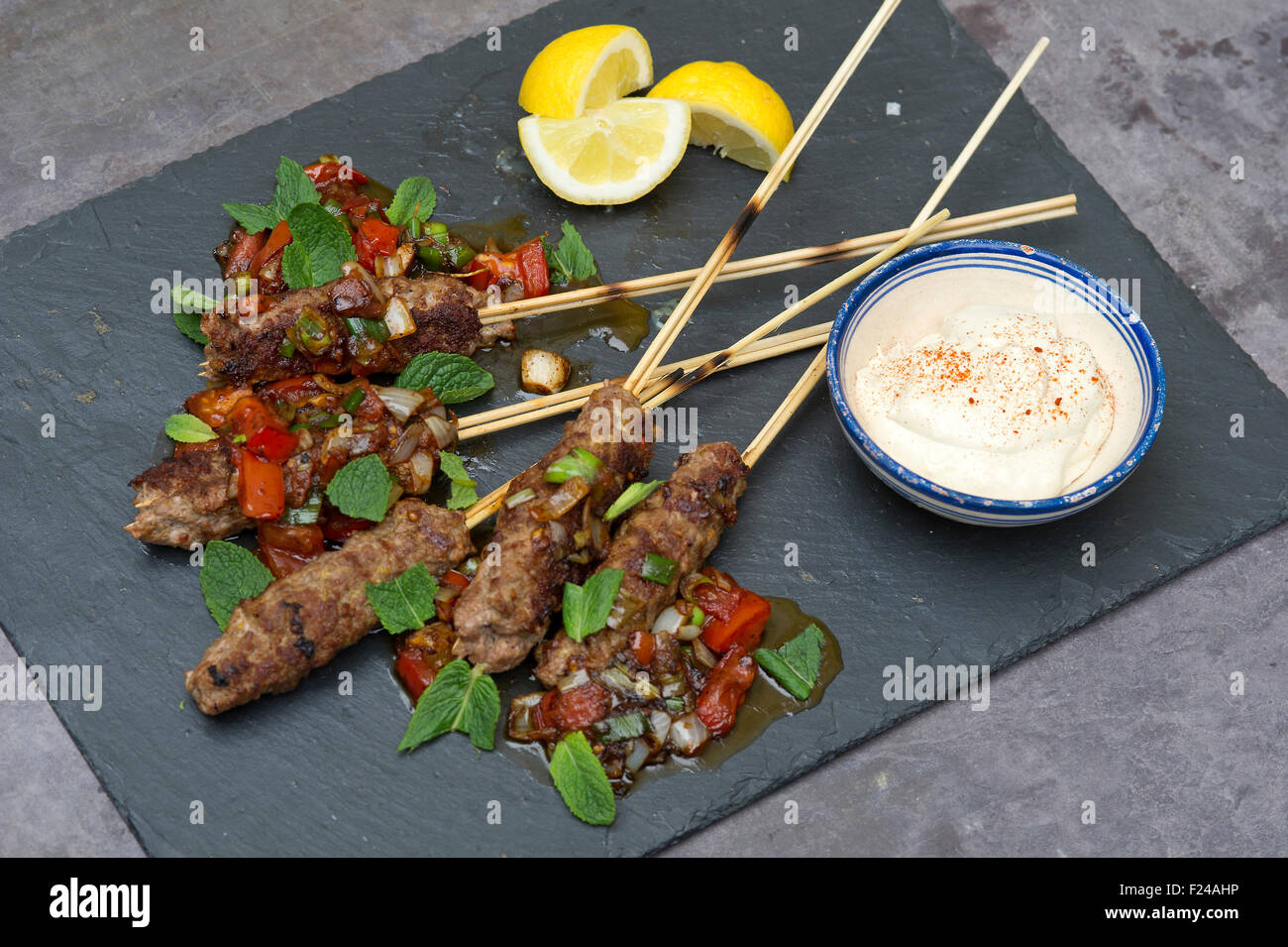 Paleo diet food, lamb kofta with tahini rice, supposed based on 'cave man' Palaeolithic foods for health. a UK Stock Photo