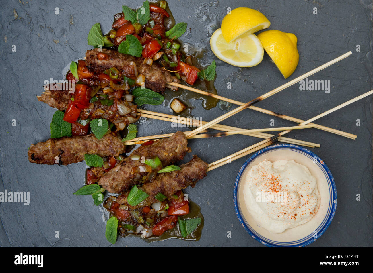 Paleo diet food, lamb kofta with tahini rice, supposed based on 'cave man'  Palaeolithic foods for health. a UK Stock Photo - Alamy