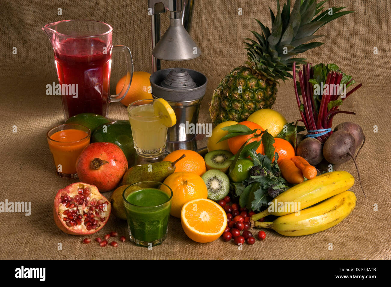 Equipment and ingredients for juicing, including fruits and vegetables